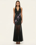 Orchid Embroidered Sheer Hem Halter Maxi Dress-  Black Purple
