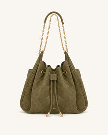 Rowan Faux Suede Quilted Chain Bucket Bag - Olive Green