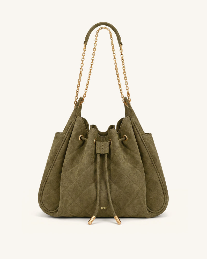 Rowan Faux Suede Quilted Chain Bucket Bag - Olive Green