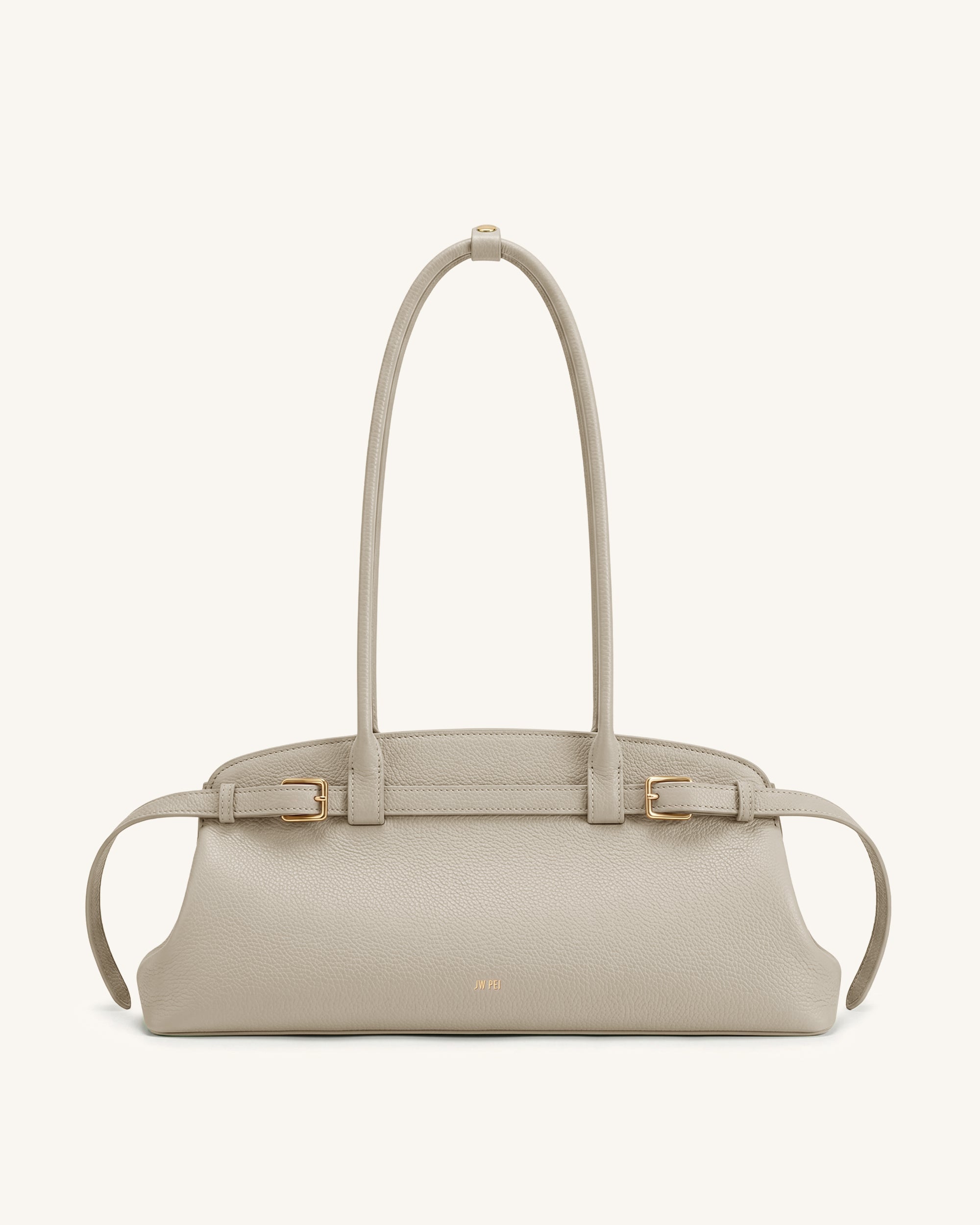 Arden Pebbled Belt Detail East-West Shoulder Bag - Taupe