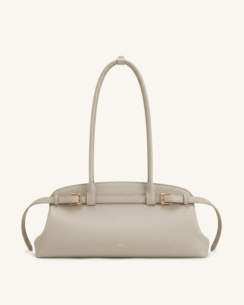 Arden Pebbled Belt Detail East-West Shoulder Bag - Taupe