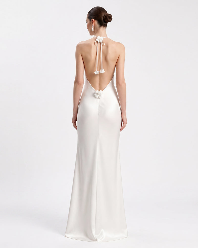 Floral Appliqué Backless Halter Long Dress - White