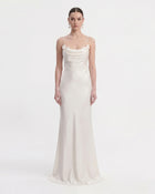 Floral Appliqué Lace-Up Back Long Dress - White