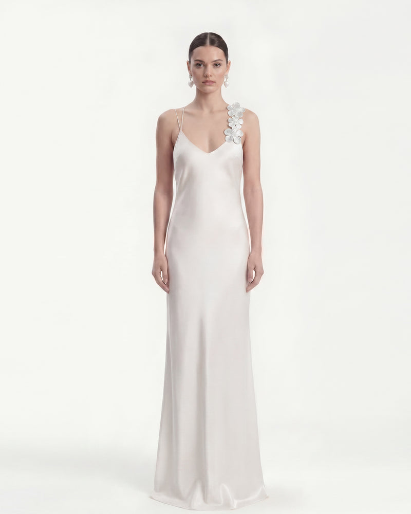 Floral Appliqué Asymmetric Slip Maxi Dress - White