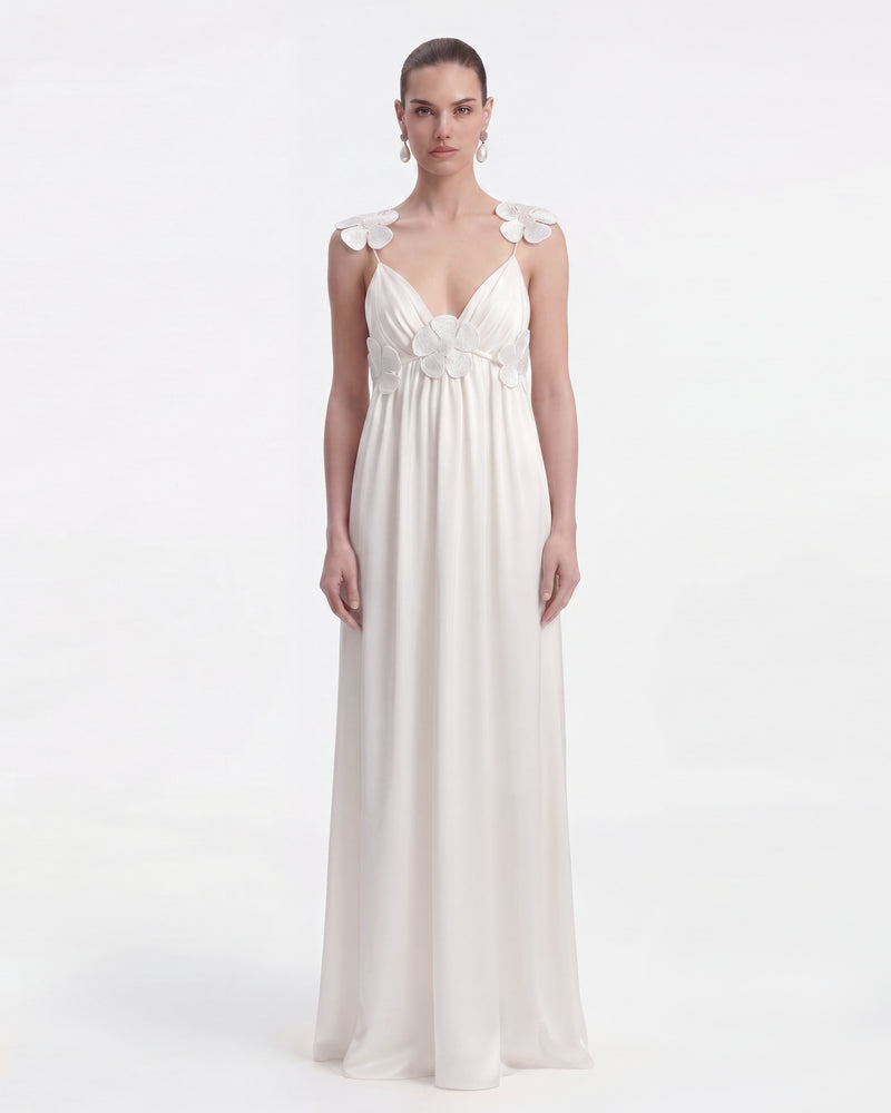 Floral Appliqué Empire Waist Maxi Dress - White
