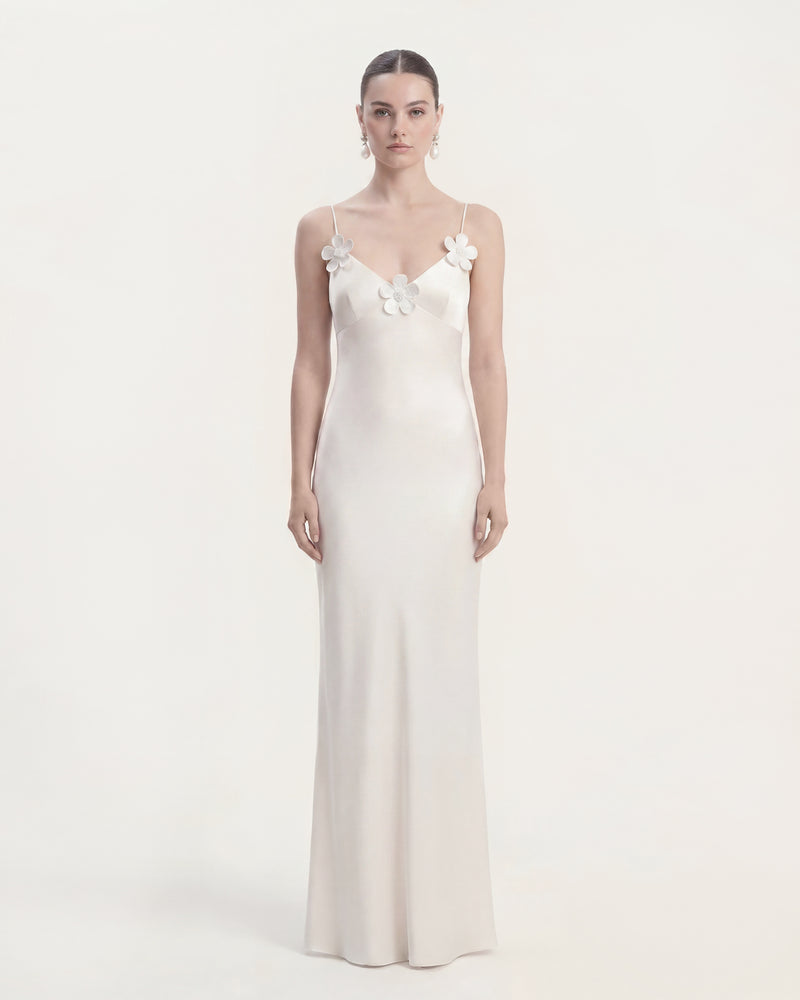 Floral Appliqué Open Back Slip Maxi Dress - White