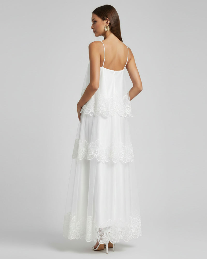 Orchid Embroidered Tiered Tulle Maxi Dress - White