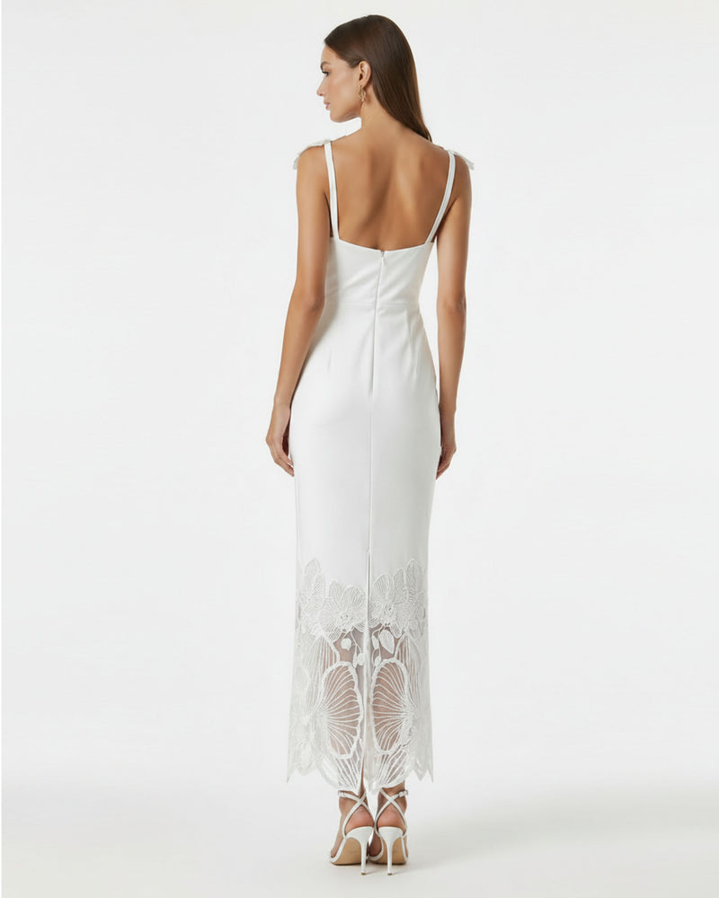 Orchid Embroidered Draped Midi Dress - White