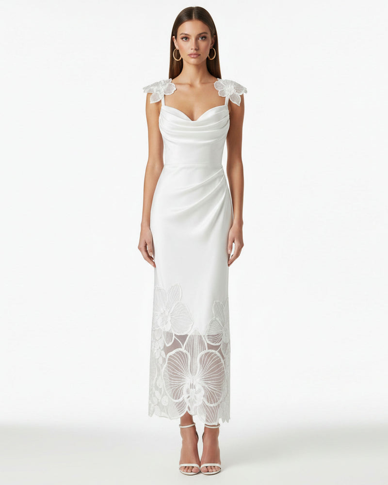 Orchid Embroidered Draped Midi Dress - White
