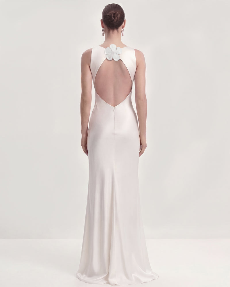 Floral Appliqué Keyhole Back Maxi Dress - White