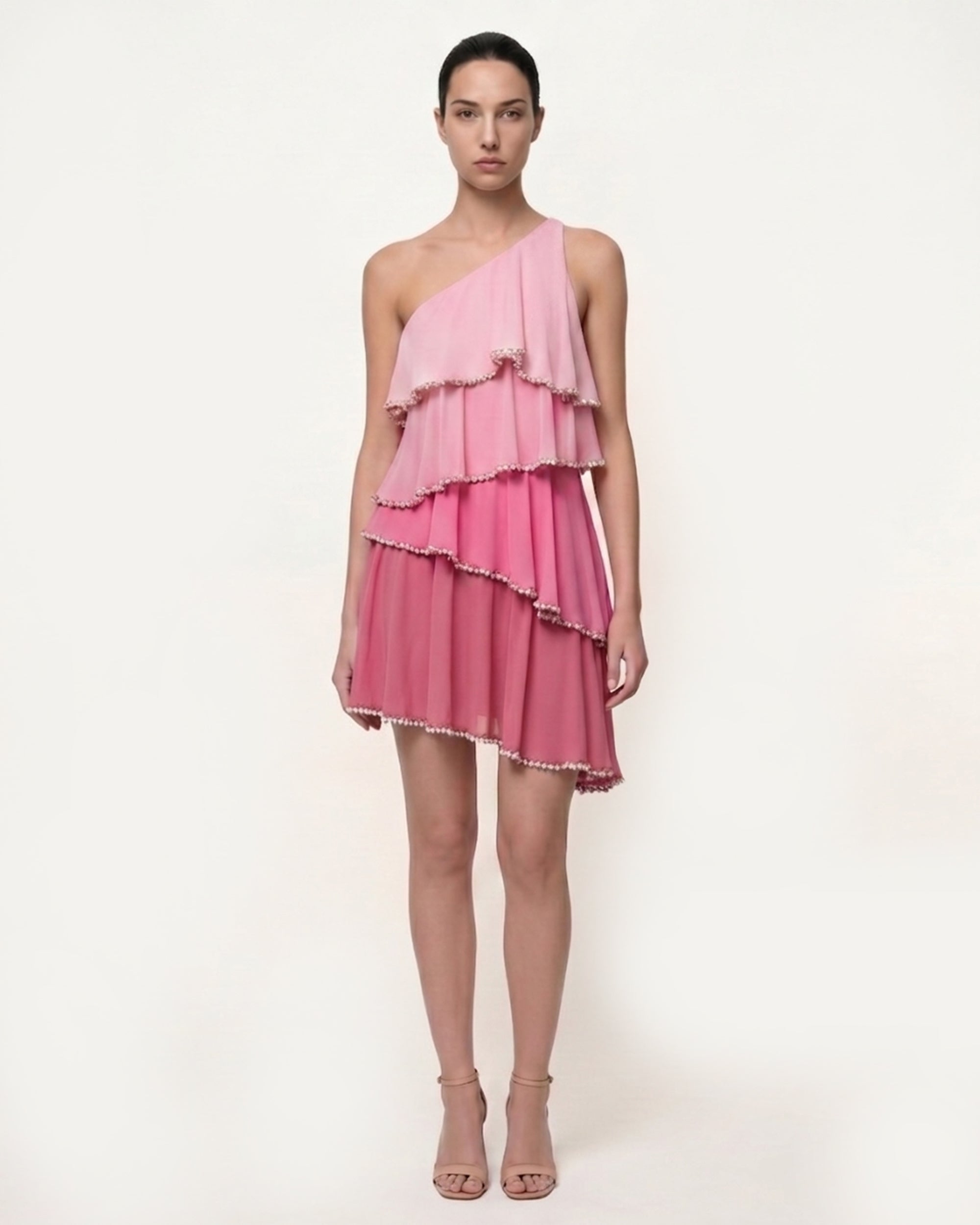 Ombre Ruffle One Shoulder Mini Dress - Pink