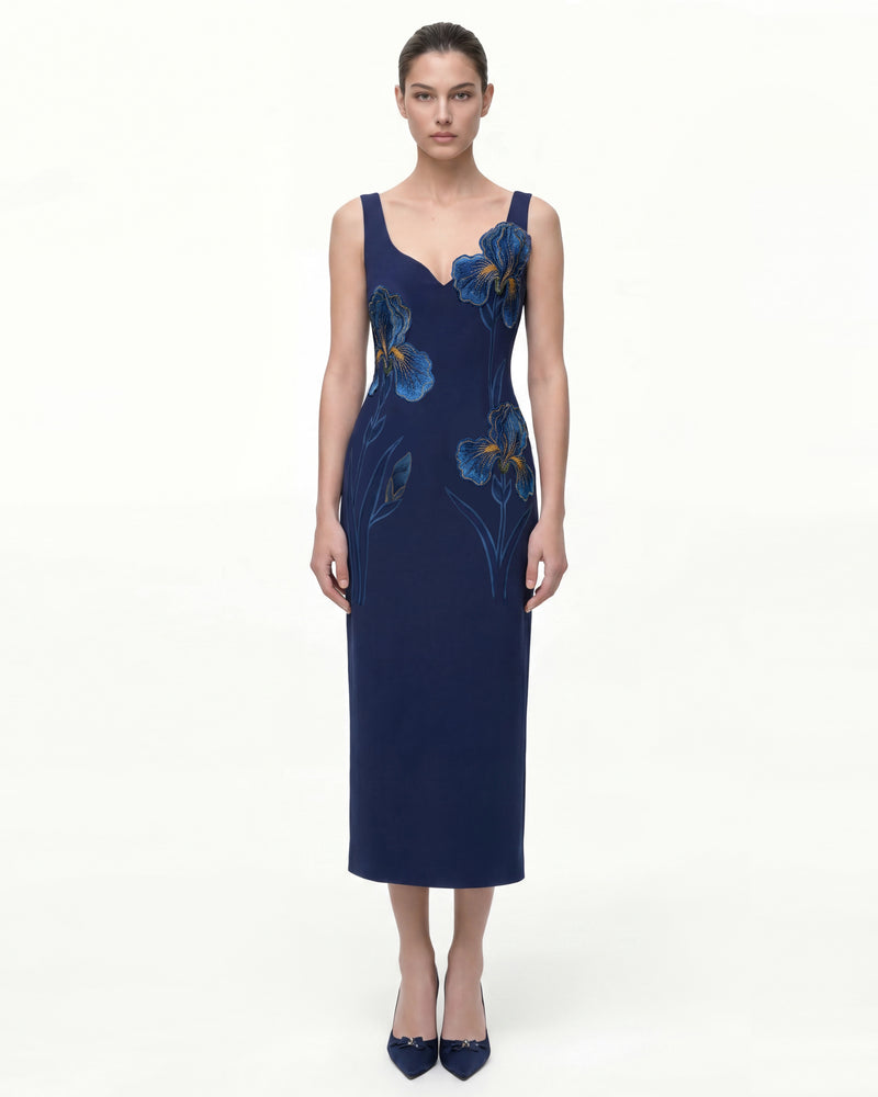 Iris Embroidered Wide Strap Midi Dress - Navy Blue