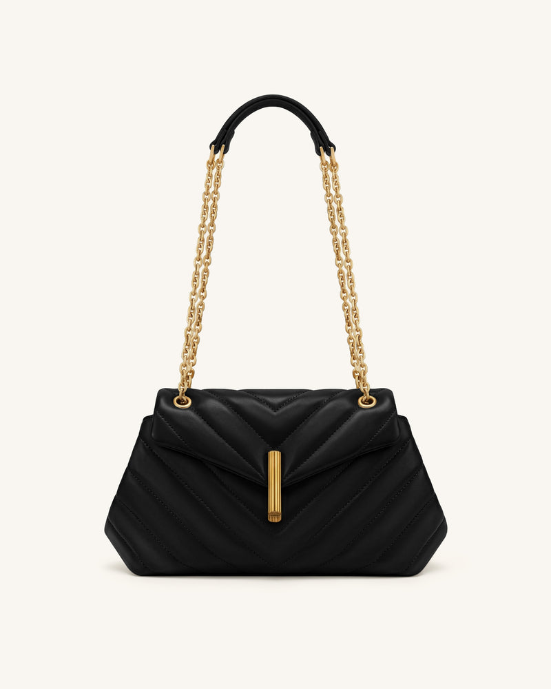 Valerie Quilted Chain Flap Shoulder Bag - Black