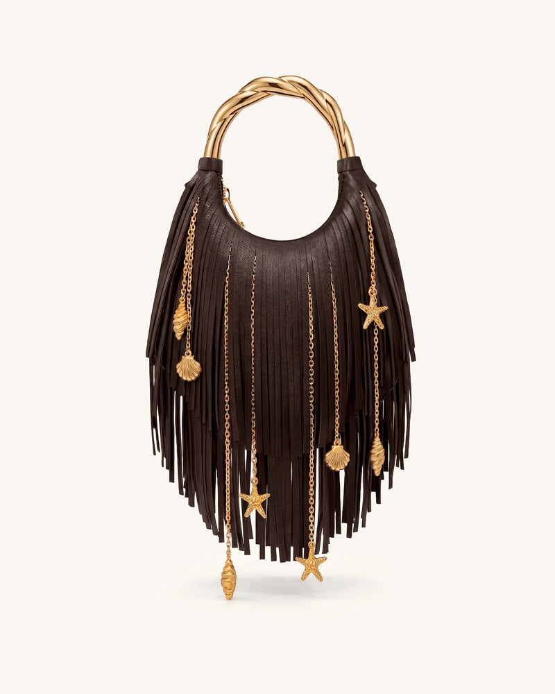 Chloe Metal Handle Fringe Top Handbag - Dark Brown