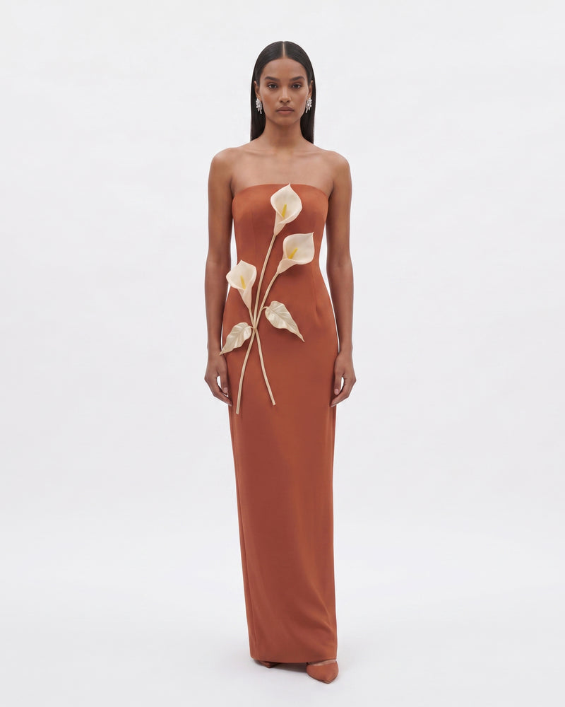 Floral Appliqué Strapless Dress - Caramel
