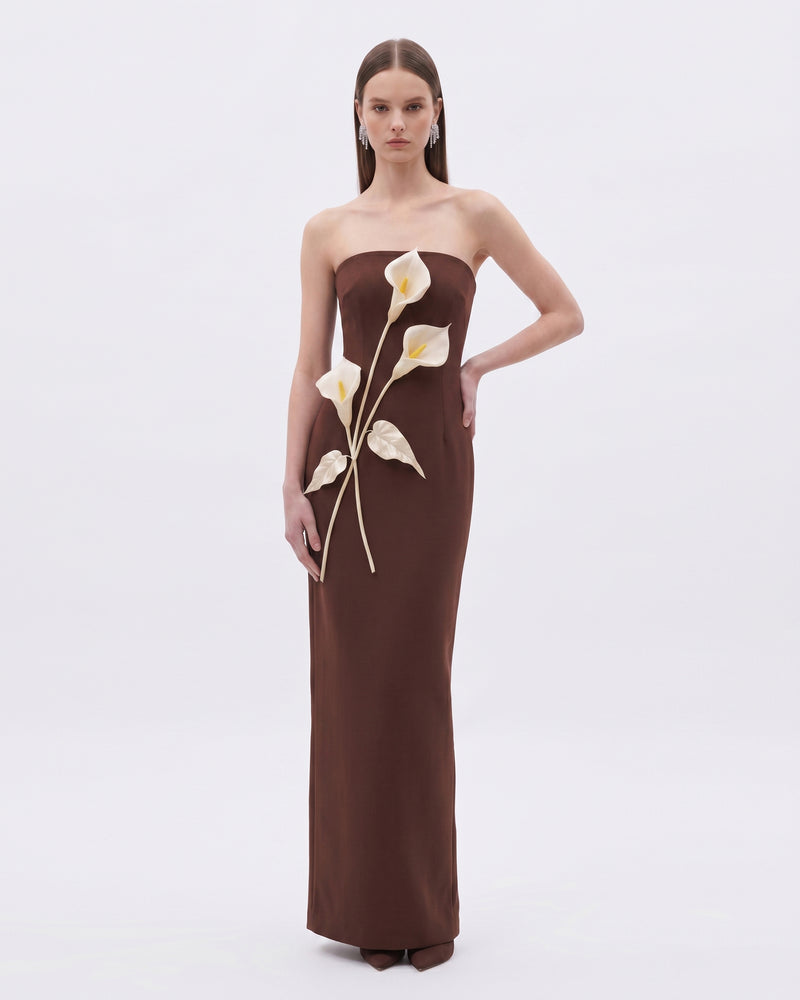 Floral Appliqué Strapless Dress - Chocolate Brown