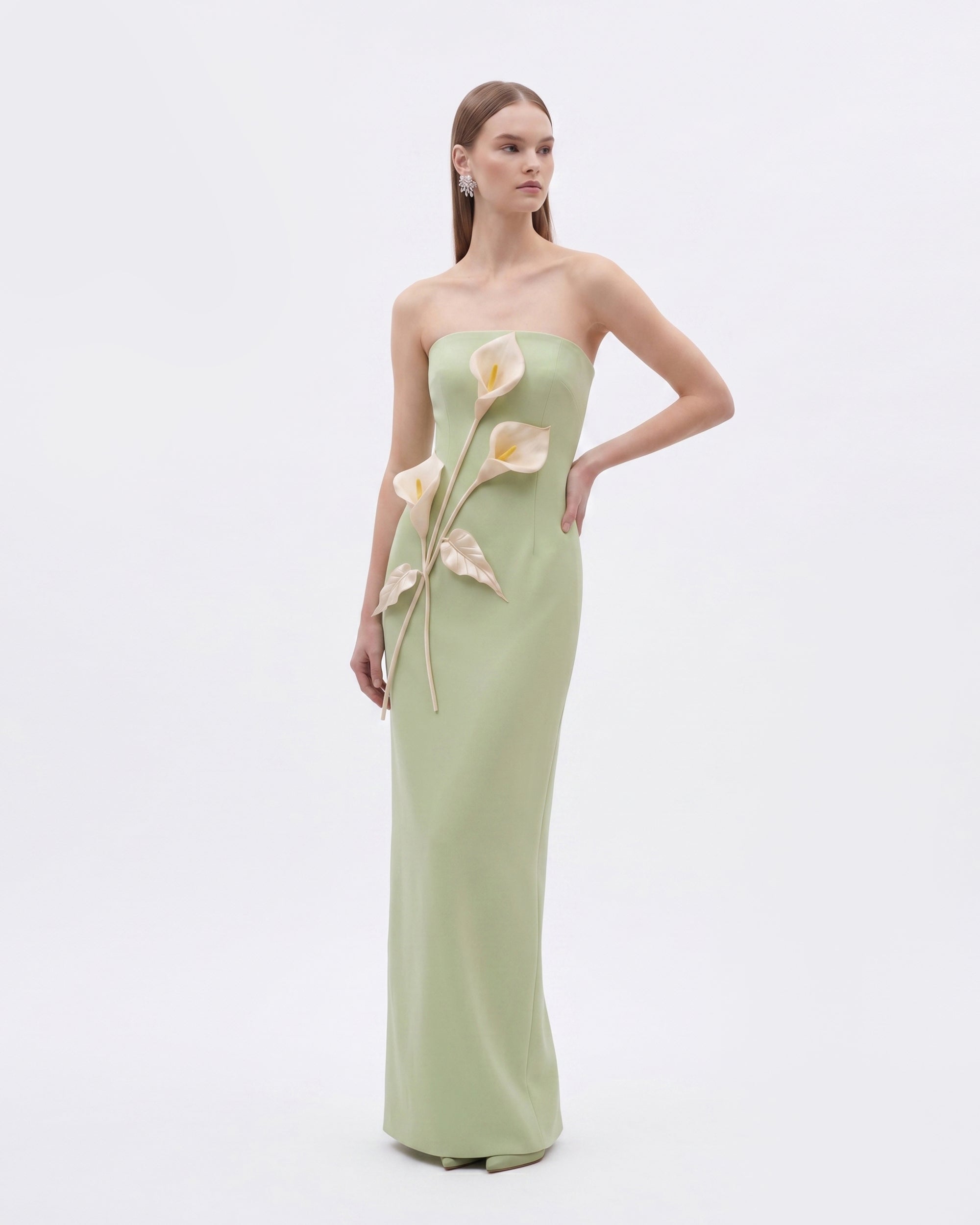Floral Appliqué Strapless Dress - Sage Green