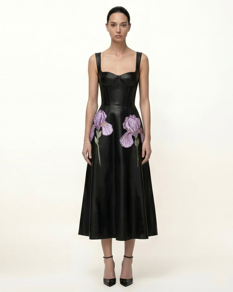 Iris Floral-Print Corset A-Line Leather Midi Dress - Black