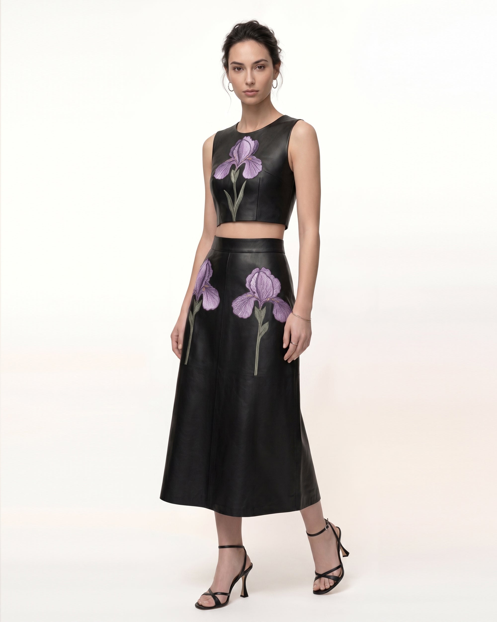 Iris Floral-Print Cropped Leather Top - Black