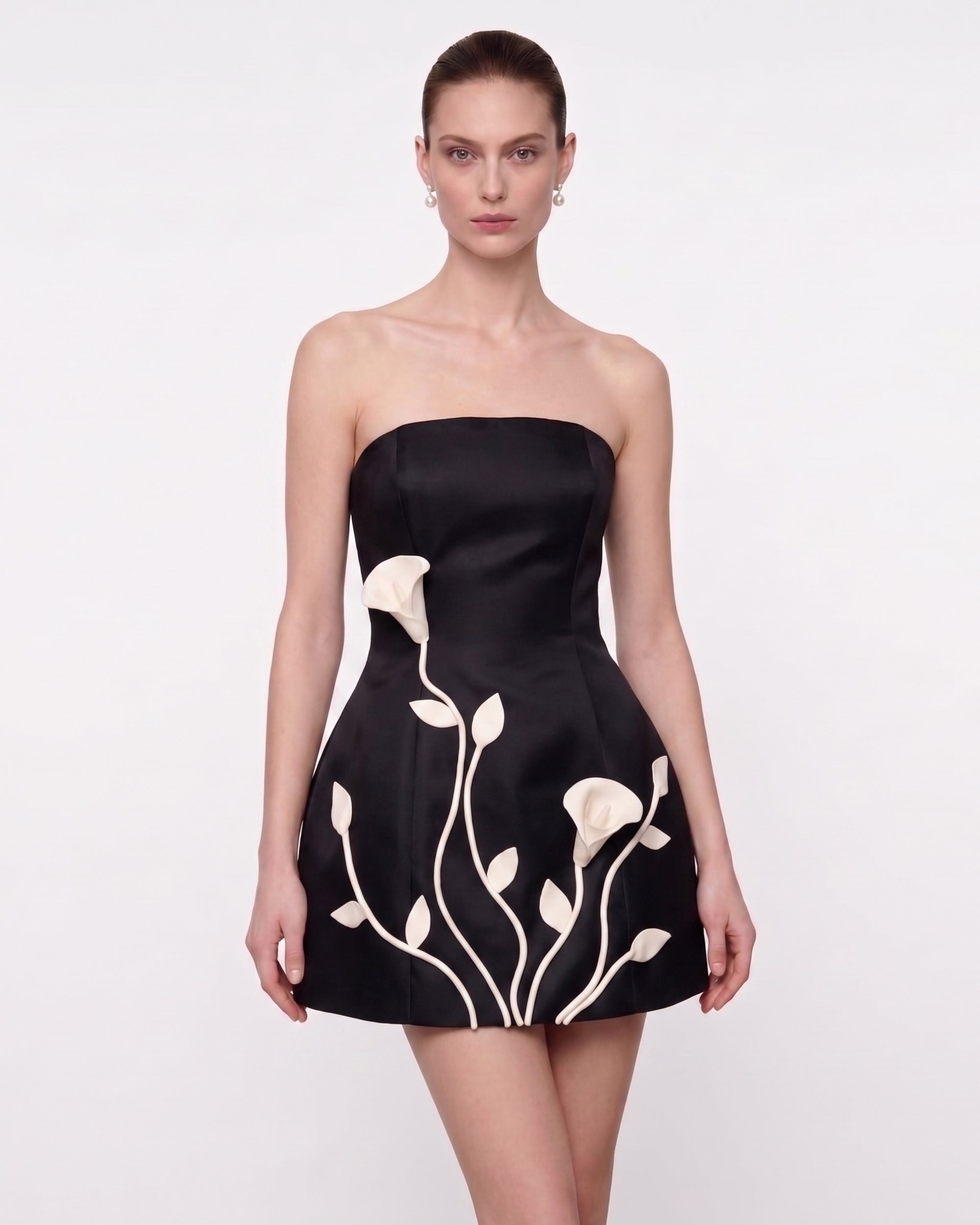 3D Vine Floral Strapless Mini Dress - Black