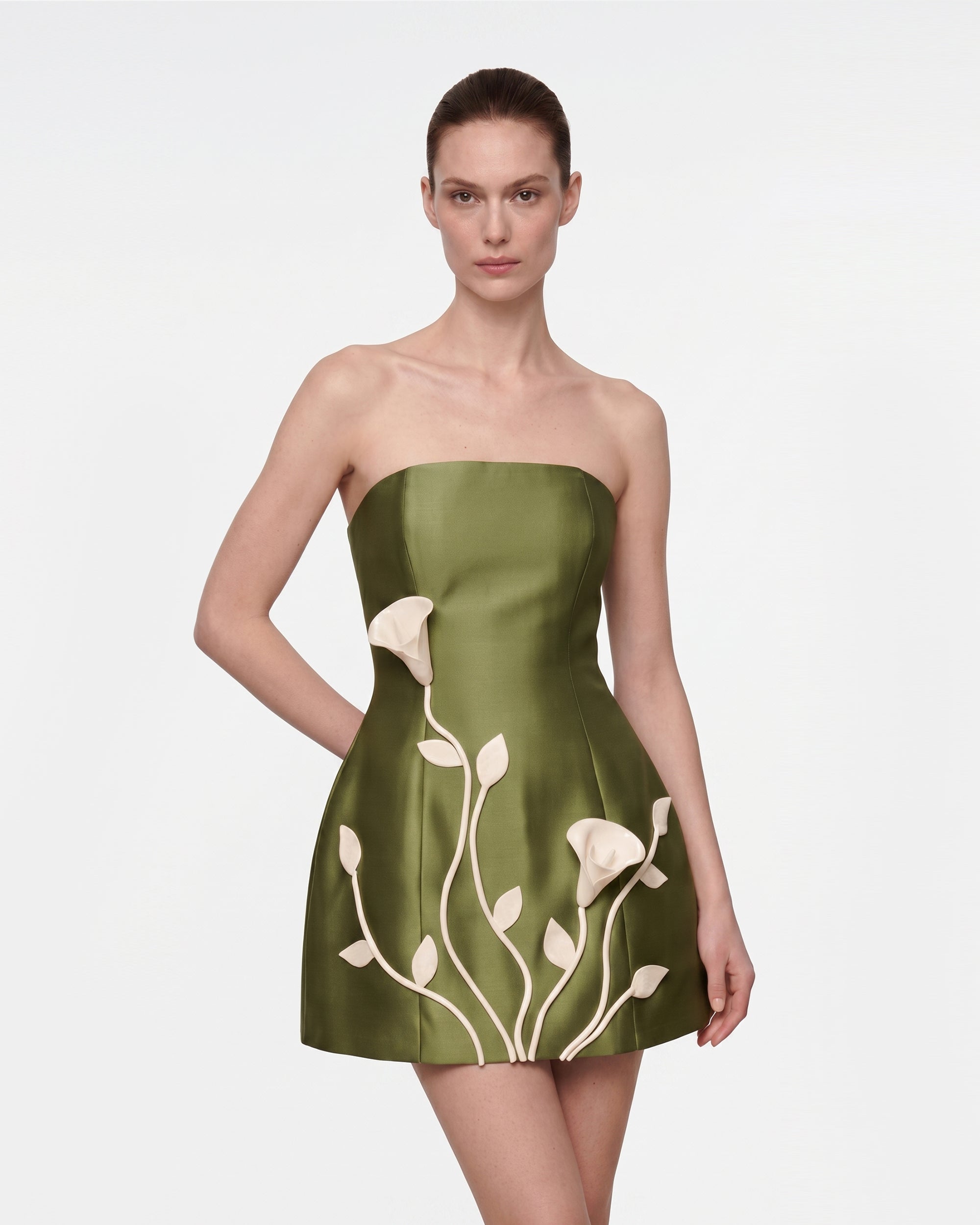 3D Vine Floral Strapless Mini Dress - Olive Green 3D Vine Floral Strapless Mini Dress - Olive Green