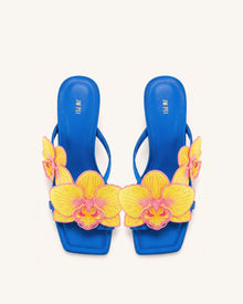 Serena Orchid Embroidered Toe Ring Heeled Sandals - Royal Blue