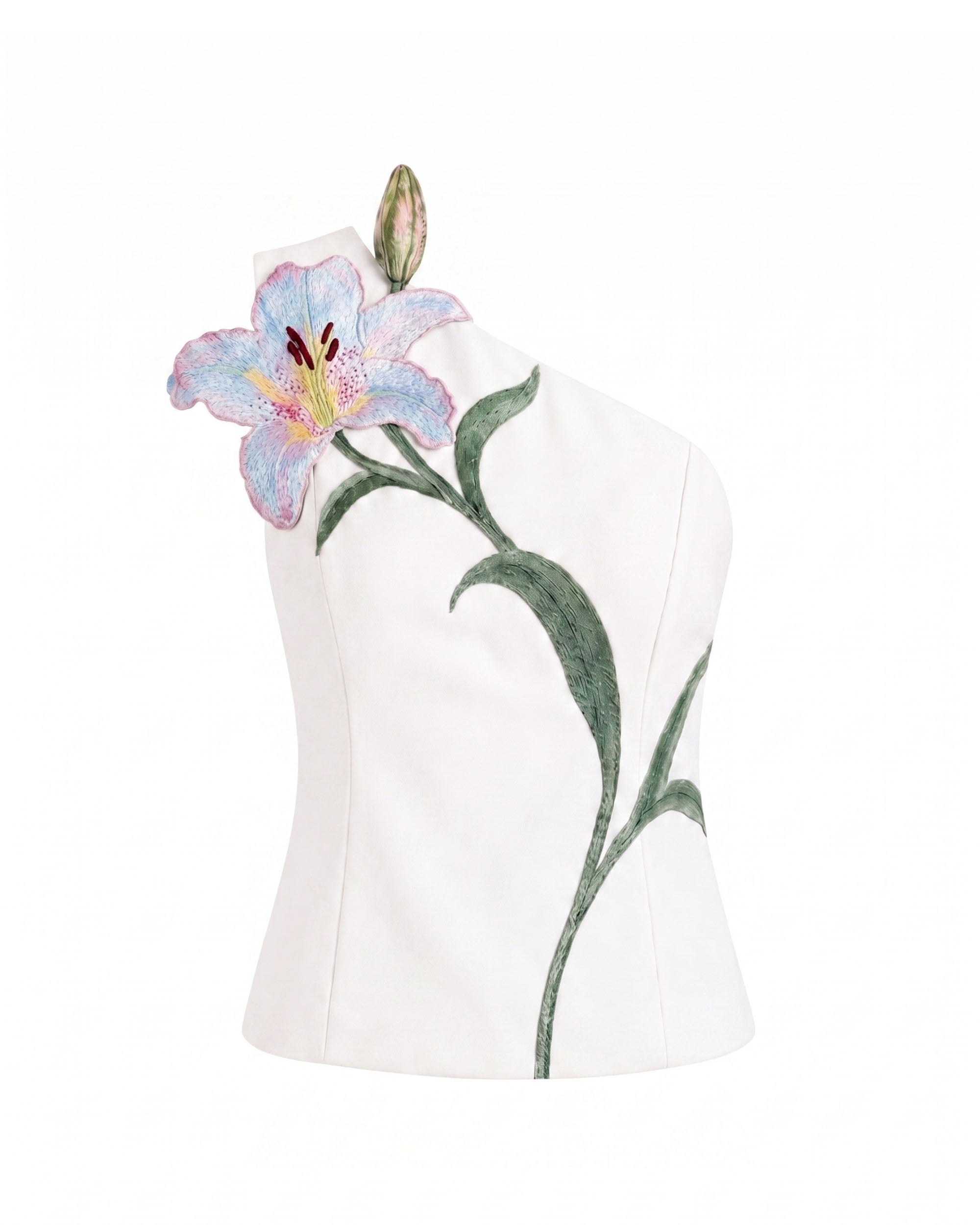Lily Floral Embroidered One Shoulder Structured Top - Ivory