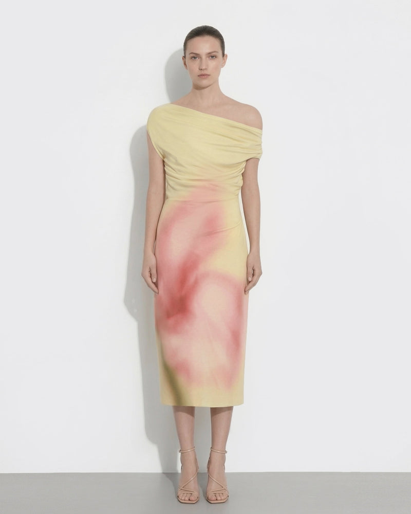 Watercolor Floral Print One-Shoulder Asymmetric Midi Dress - Yellow