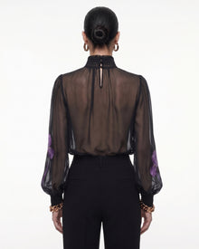Iris Print Sheer High Neck Blouse - Black/Purple