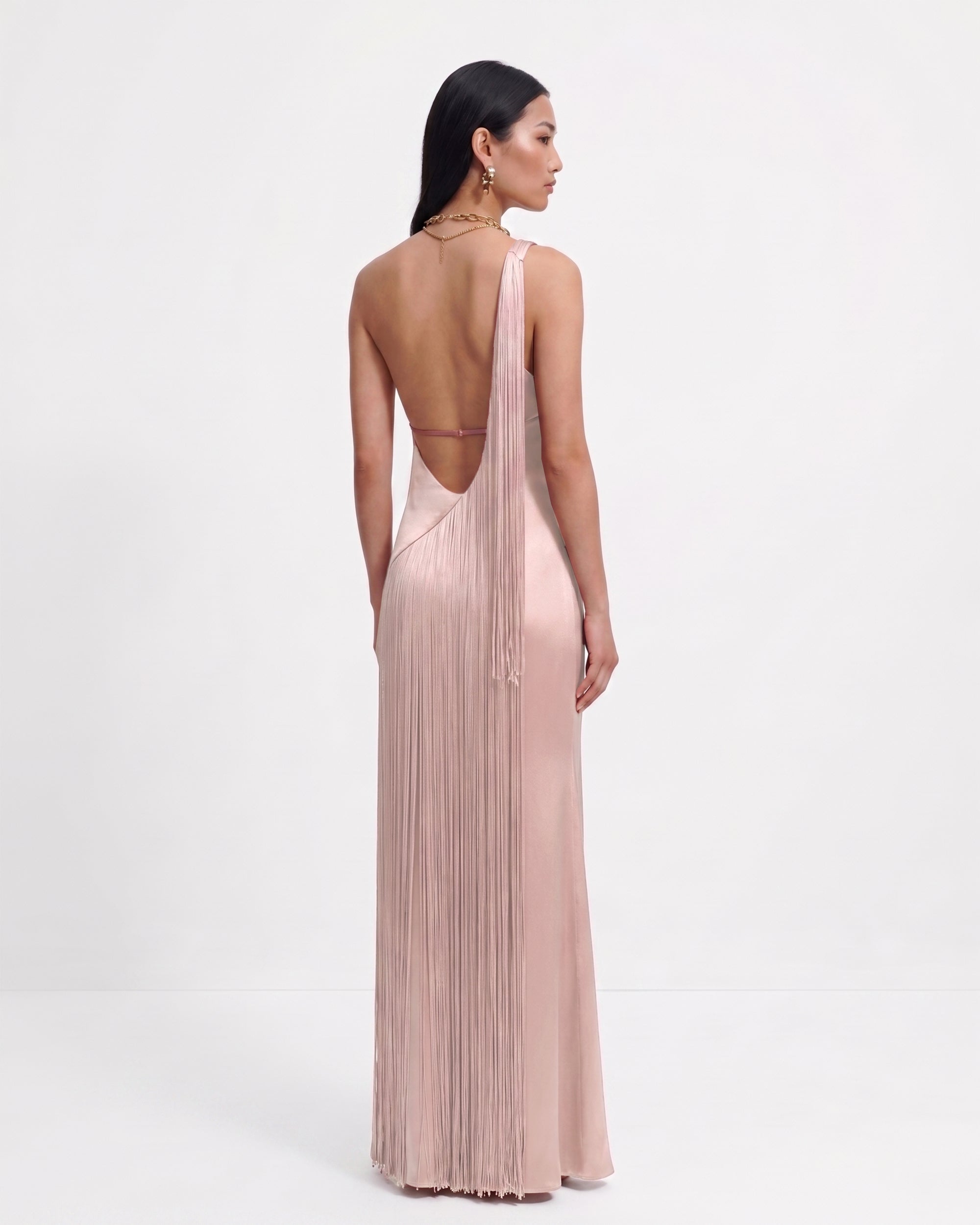 Fringe One Shoulder Maxi Dress - Pink