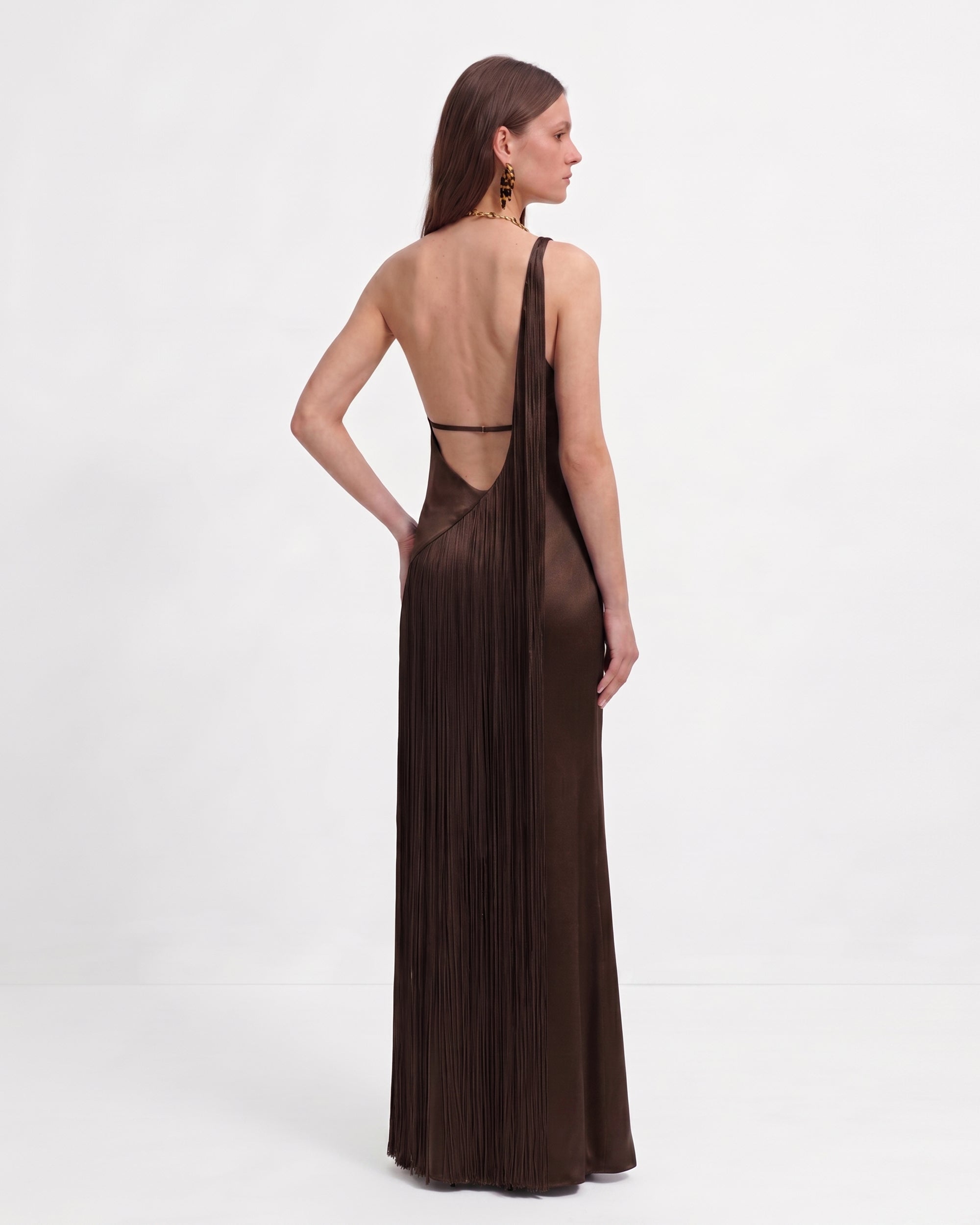 Fringe One Shoulder Maxi Dress - Dark Chocolate