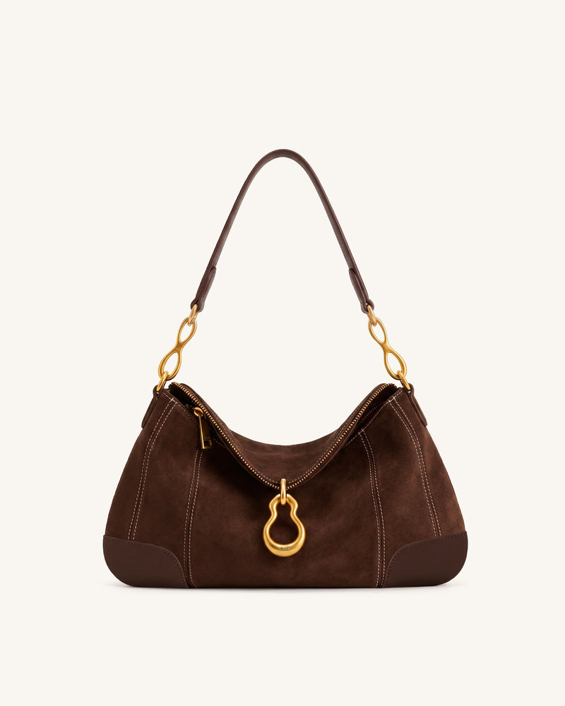 Jayla Faux Suede Metal Pendant Embellished  Shoulder Bag - Dark Brown