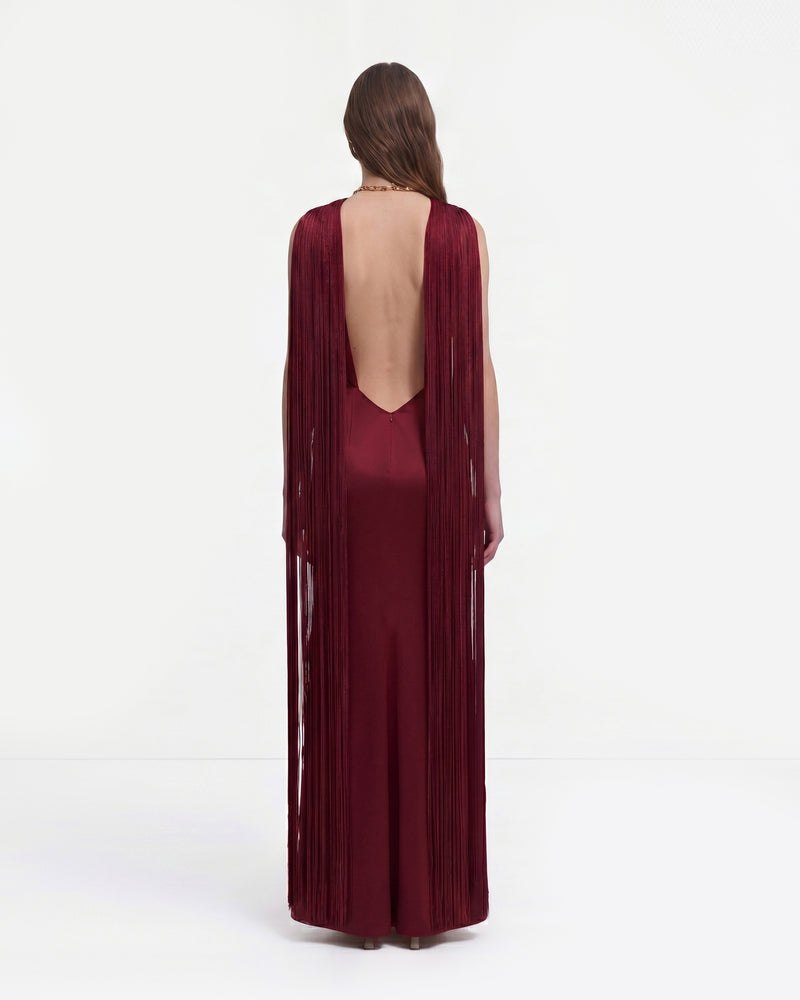 Fringe Cape Open Back Satin Maxi Dress - Wine Red