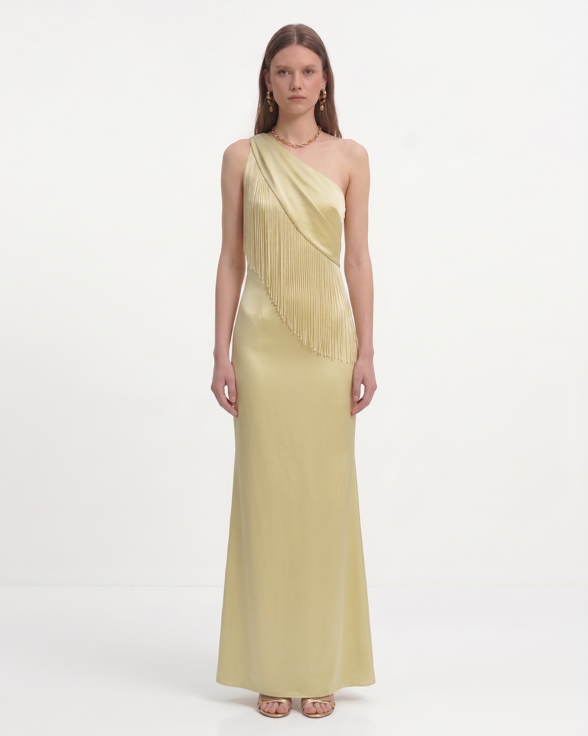 One Shoulder Fringe Satin Maxi Dress - Champagne