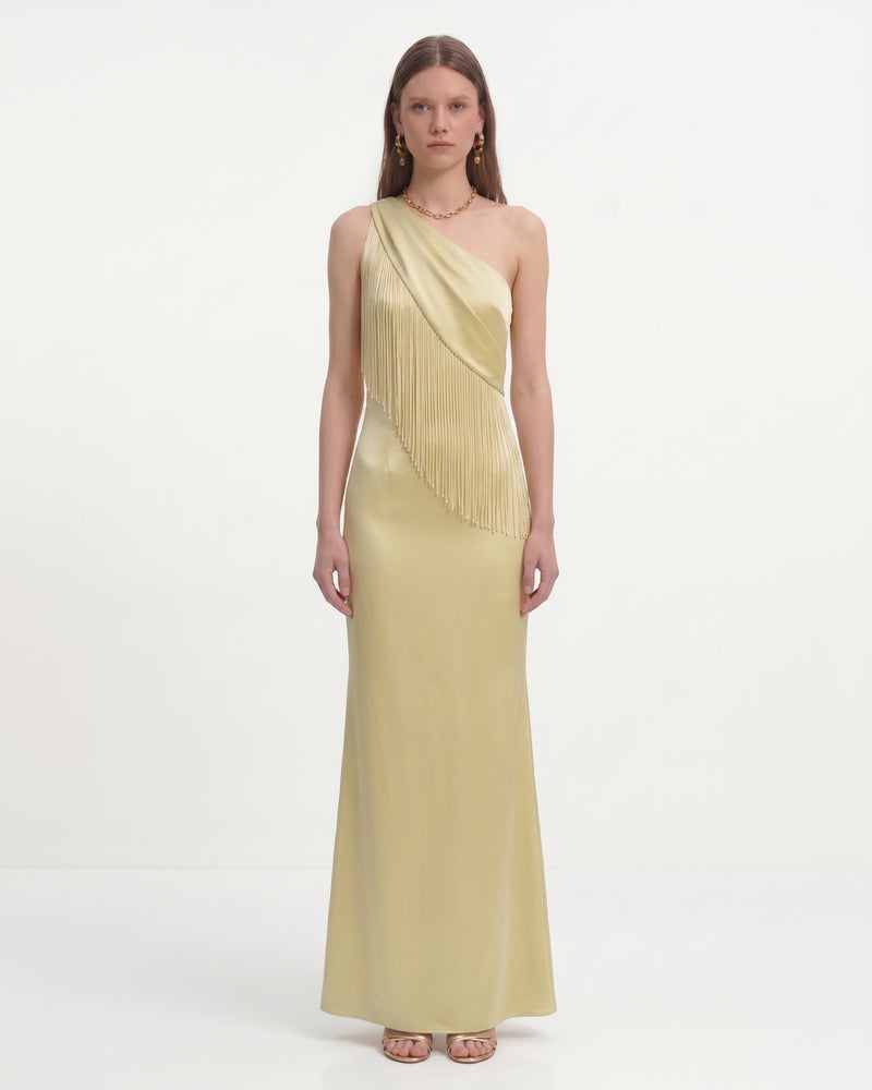 One Shoulder Fringe Satin Maxi Dress - Champagne