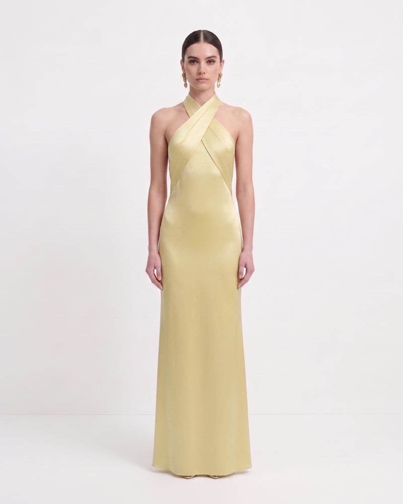 Cross Halter Fringe Back Satin Maxi Dress - Champagne