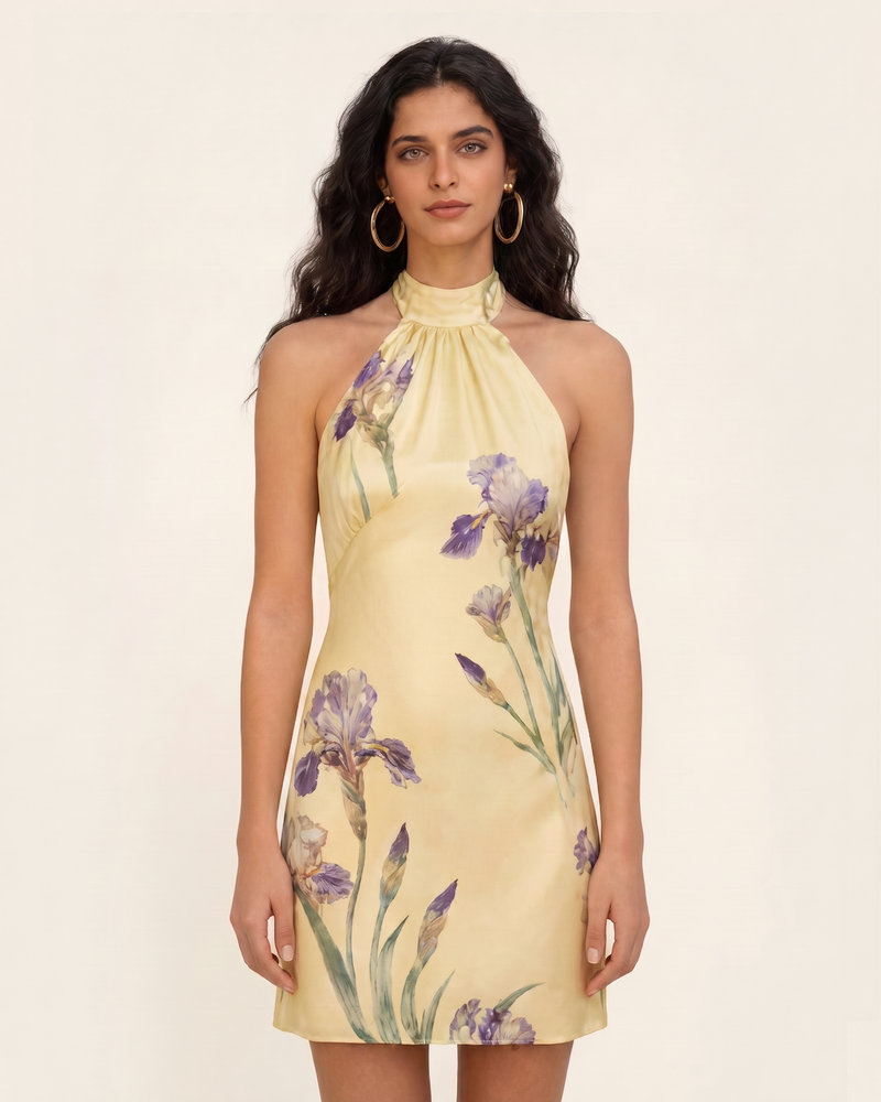 Iris Print Satin Halter Mini Dress - Soft Yellow