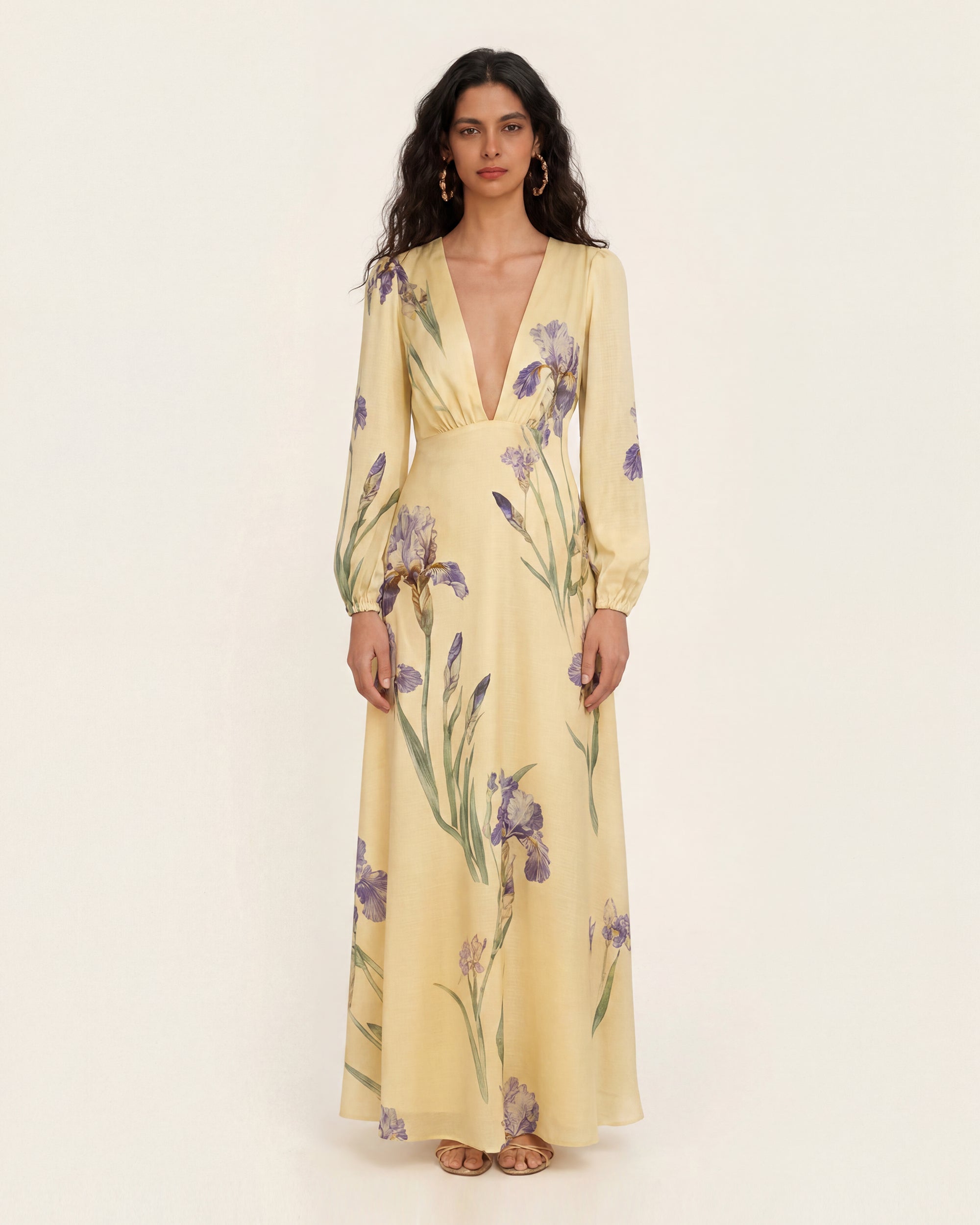 Iris Print Deep-V Long-Sleeve Maxi Dress -  Soft Yellow