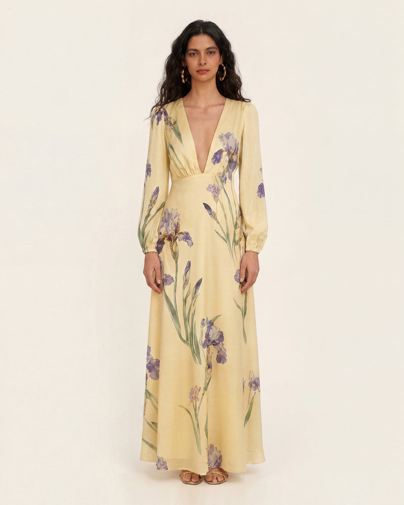 Iris Print Deep-V Long-Sleeve Maxi Dress -  Soft Yellow