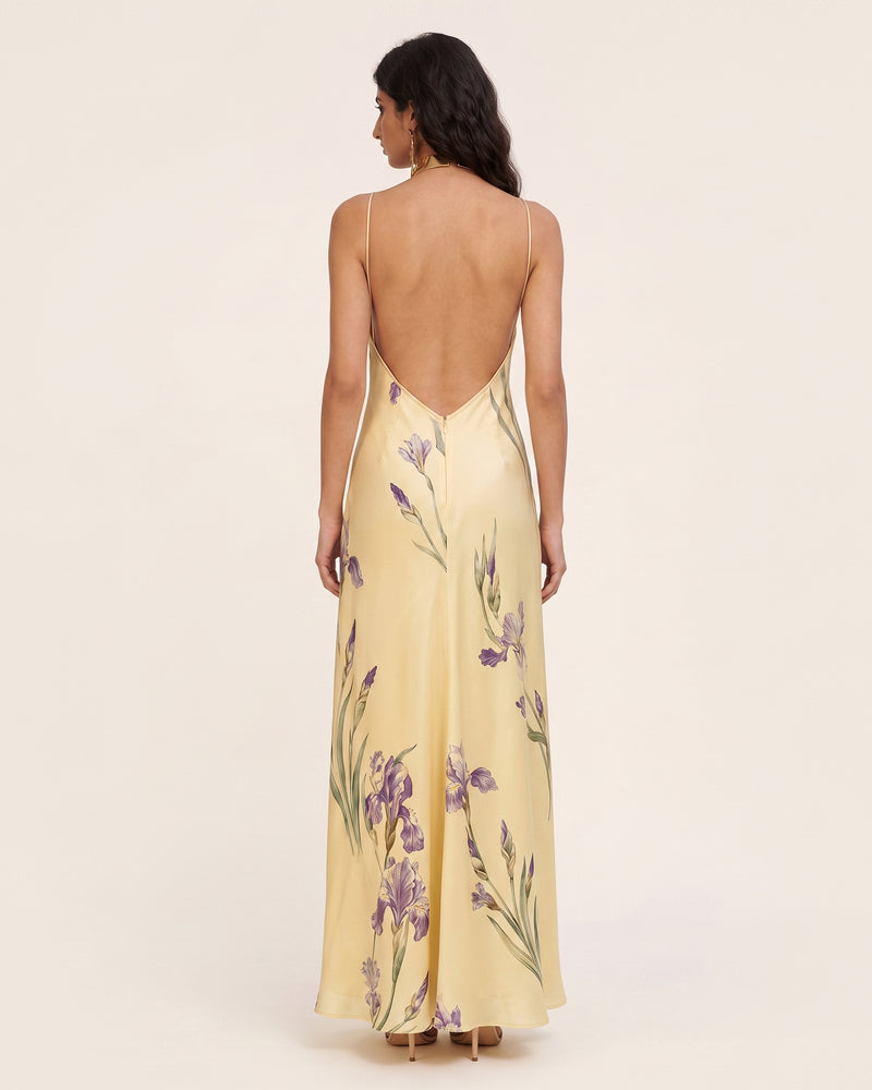 Iris Print Cross-Halter Open-Back Maxi Dress - Yellow