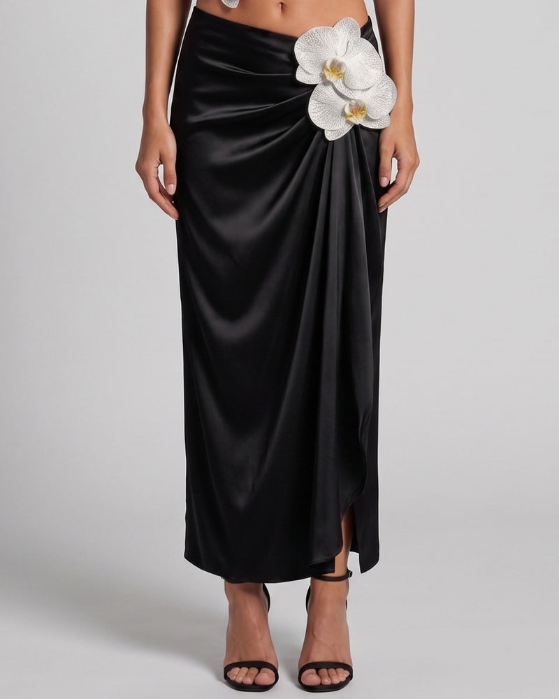 Iris Floral Appliqué Draped Satin Maxi Skirt - Black