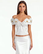 Iris Floral Appliqué Off-Shoulder Draped Top - Ivory