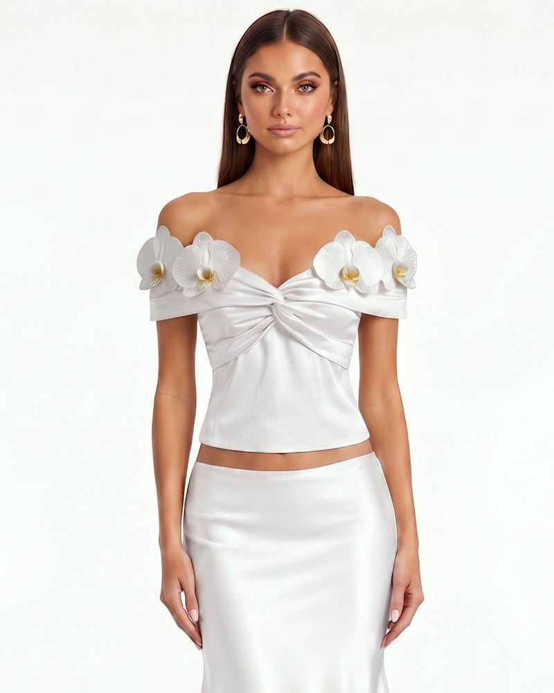 Iris Floral Appliqué Off-Shoulder Draped Top - Ivory