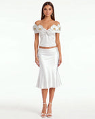 Iris Floral Appliqué Off-Shoulder Draped Top - Ivory