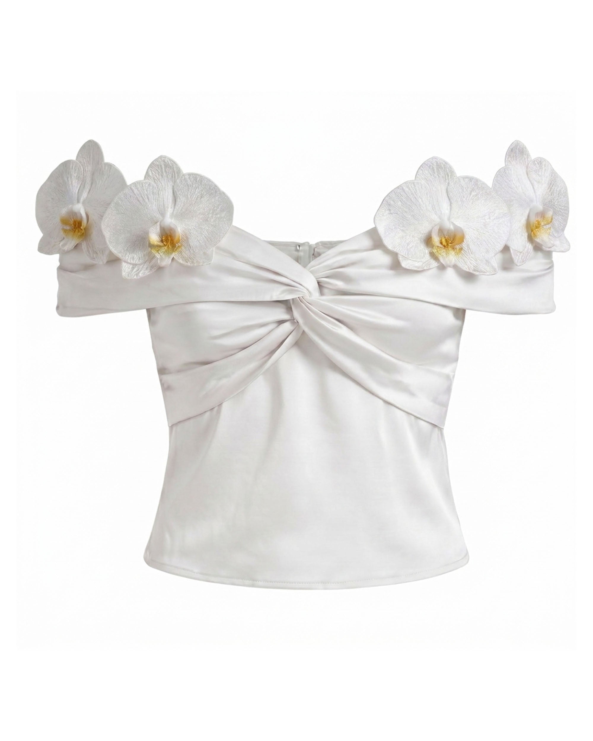 Iris Floral Appliqué Off-Shoulder Draped Top - Ivory