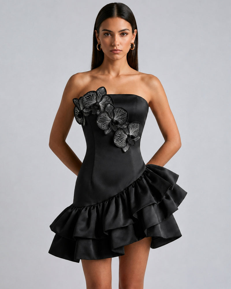 Iris Floral Appliqué Strapless Ruffle Mini Dress - Black