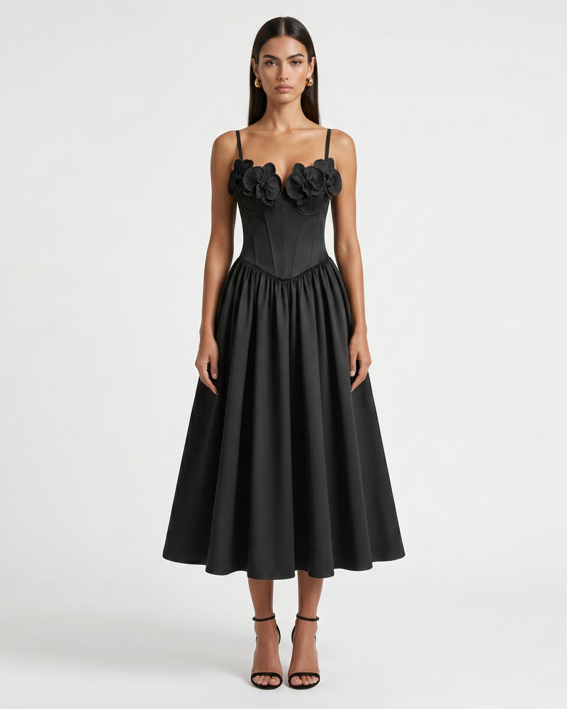 Iris Floral Appliqué Corset Midi Dress with Full Skirt - Black