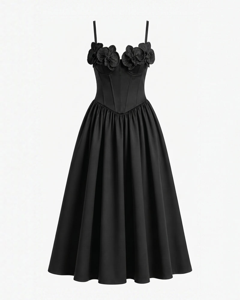 Iris Floral Appliqué Corset Midi Dress with Full Skirt - Black