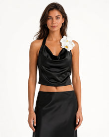 Iris Floral Appliqué Cowl Neck Halter Top - Black