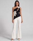 Iris Floral Appliqué Cut-Out Asymmetric Halter Top - Black